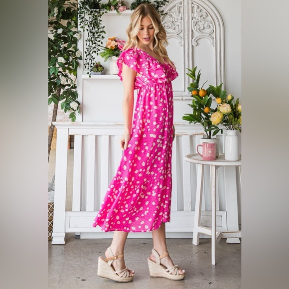 Reborn J Printed V-Neck Ruffle Trim Tiered Midi Dress - Picture 3 of 5